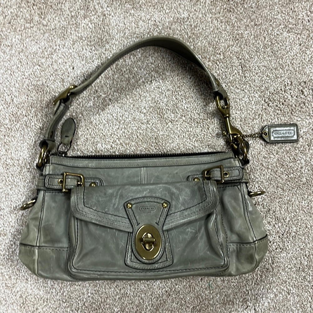 Coach legacy stripe leather turnlock shoulder bag. Green Grey w/ brass hardware